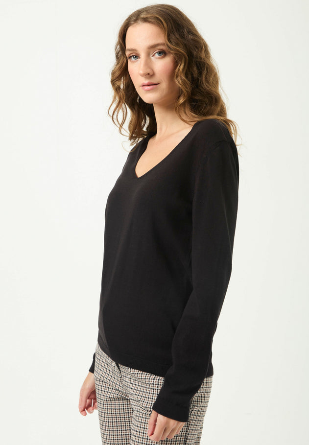 V-Neck Knitted Organic Cotton Sweater Black