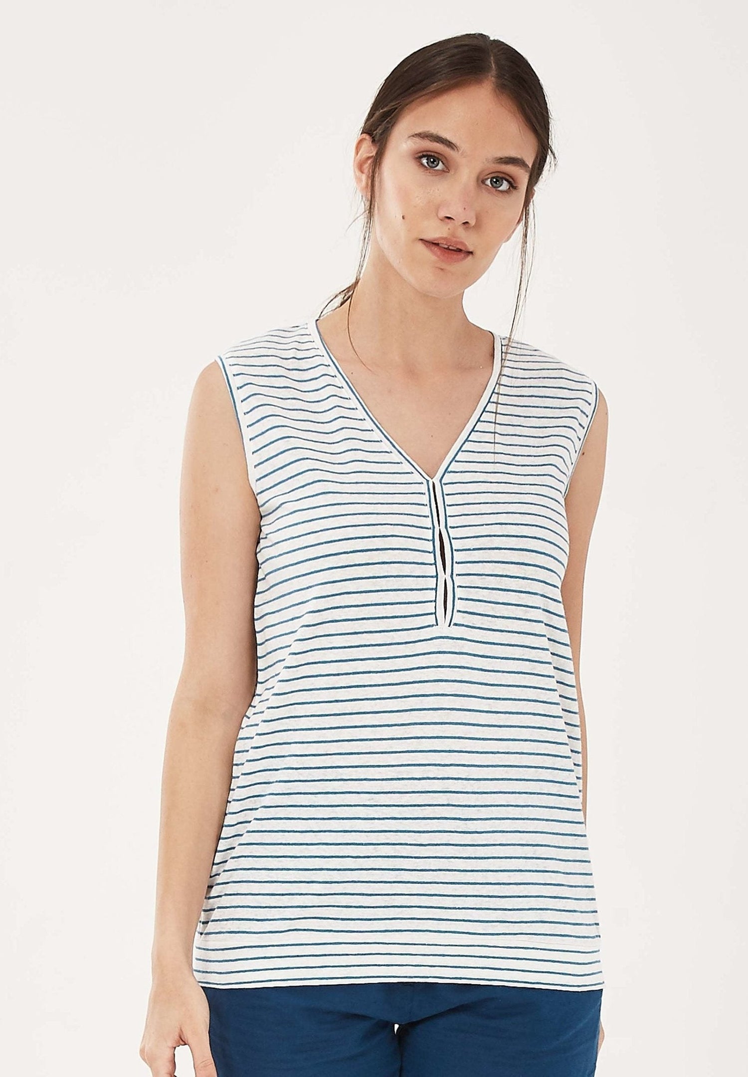 Garengeverfd Gestreept Linnenmix Top Wit / Ocean