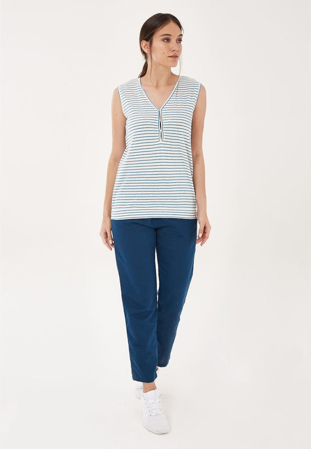 Garengeverfd Gestreept Linnenmix Top Wit / Ocean