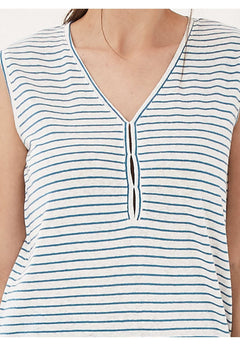 Garengeverfd Gestreept Linnenmix Top Wit / Ocean