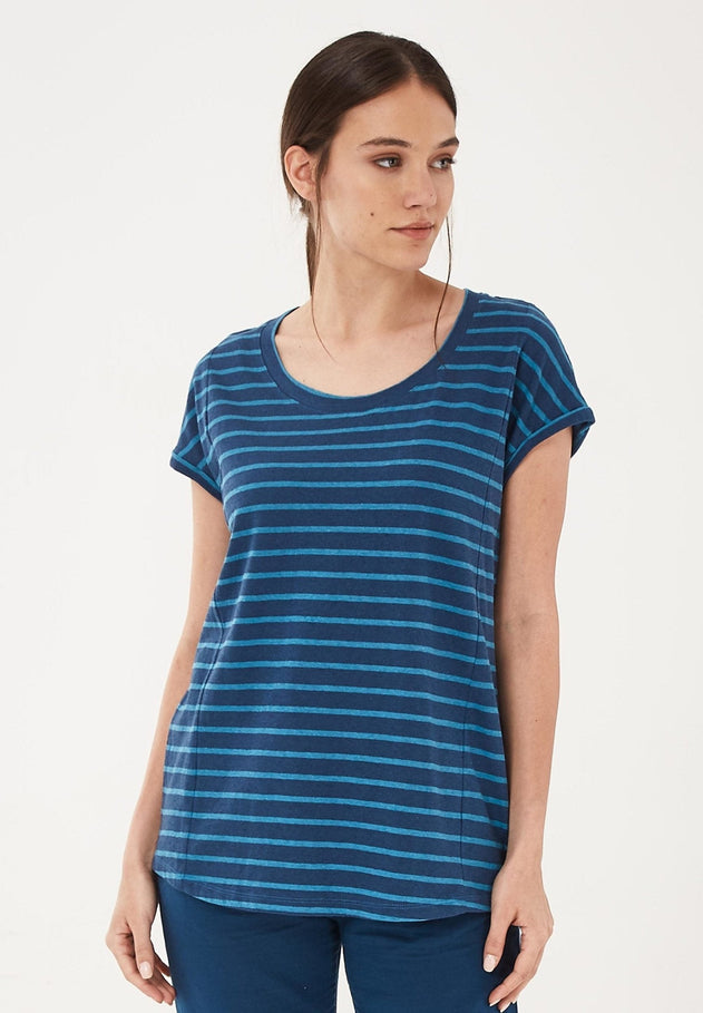 Garengeverfd Gestreept Linnenmix T-shirt Marineblauw / Ocean