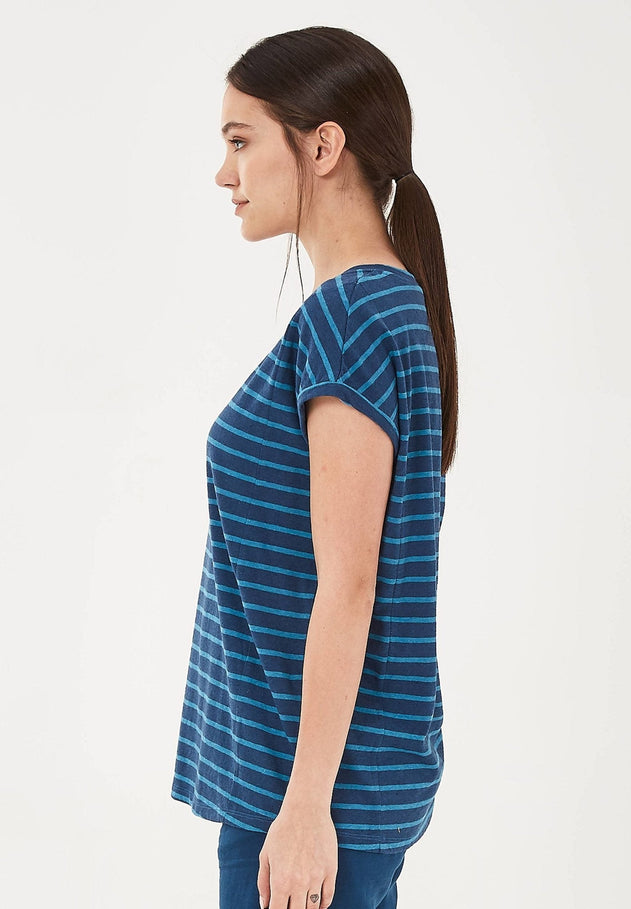 Garengeverfd Gestreept Linnenmix T-shirt Marineblauw / Ocean