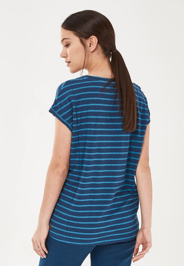 Garengeverfd Gestreept Linnenmix T-shirt Marineblauw / Ocean