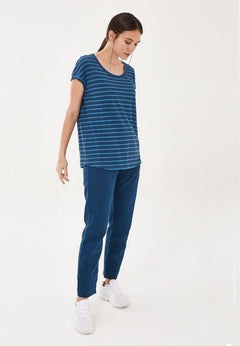 Garengeverfd Gestreept Linnenmix T-shirt Marineblauw / Ocean