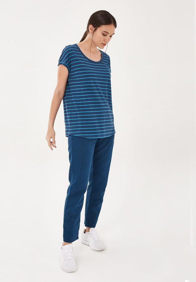 Garengeverfd Gestreept Linnenmix T-shirt Marineblauw / Ocean