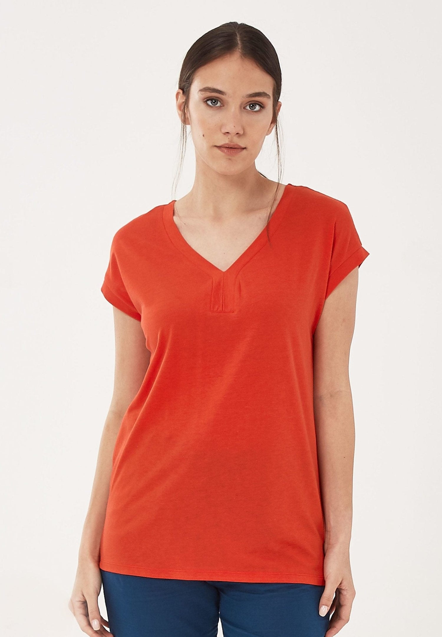 Dames Lyocellmix V-hals T-shirt Rood