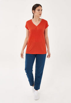 Dames Lyocellmix V-hals T-shirt Rood