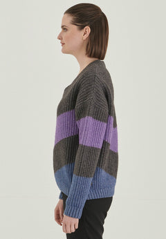 Merino Wool Blend Pullover Grey Striped