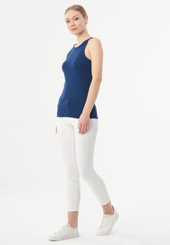 Dames Hoge hals Geribbeld Top Marineblauw
