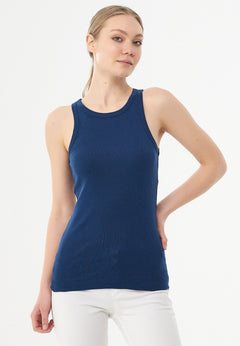 Dames Hoge hals Geribbeld Top Marineblauw