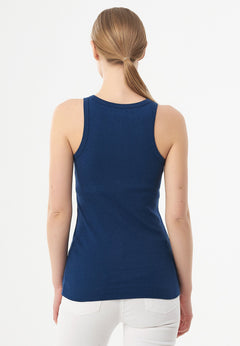 Dames Hoge hals Geribbeld Top Marineblauw