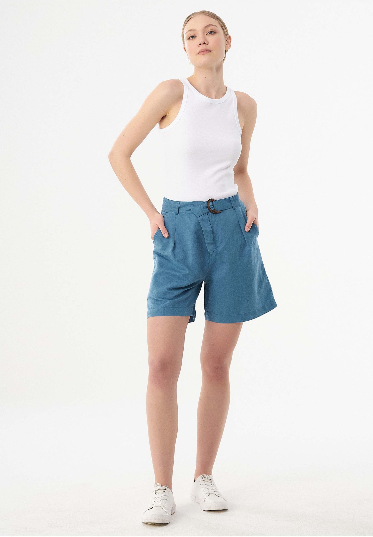 Met ceintuur Linnen-katoen Short Petrol Blue
