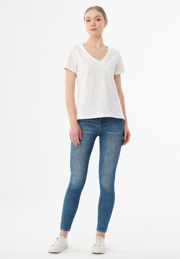 Dames V-hals T-shirt Gebroken wit