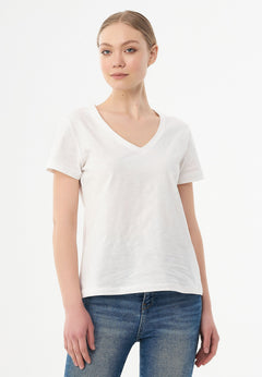 Dames V-hals T-shirt Gebroken wit