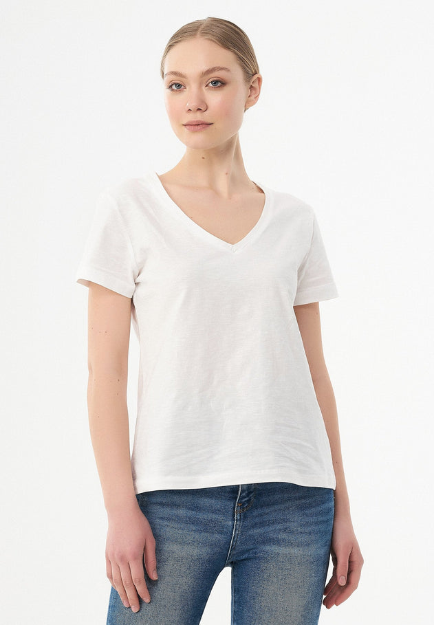 Dames V-hals T-shirt Gebroken wit