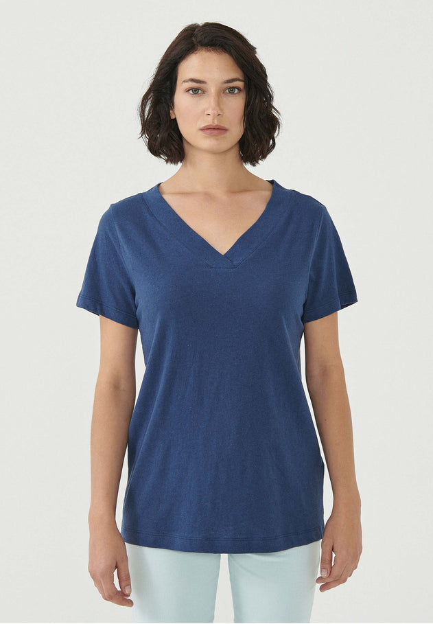 Dames Linnenmix V-hals T-shirt Marineblauw