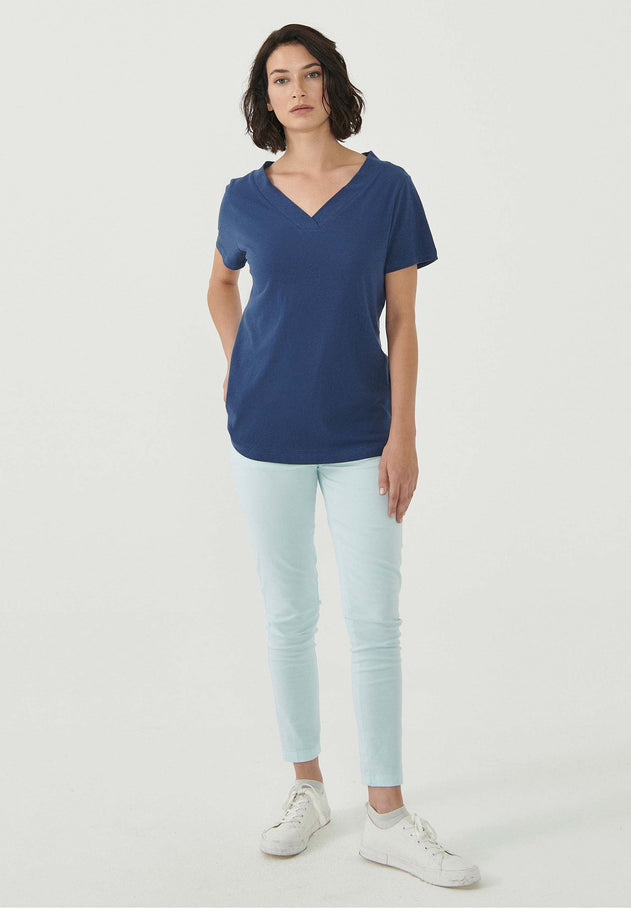 Dames Linnenmix V-hals T-shirt Marineblauw