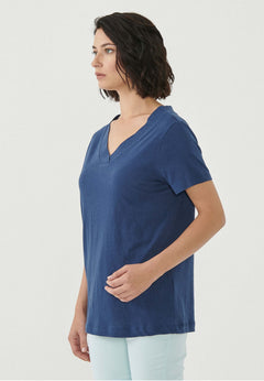 Dames Linnenmix V-hals T-shirt Marineblauw