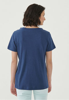 Dames Linnenmix V-hals T-shirt Marineblauw