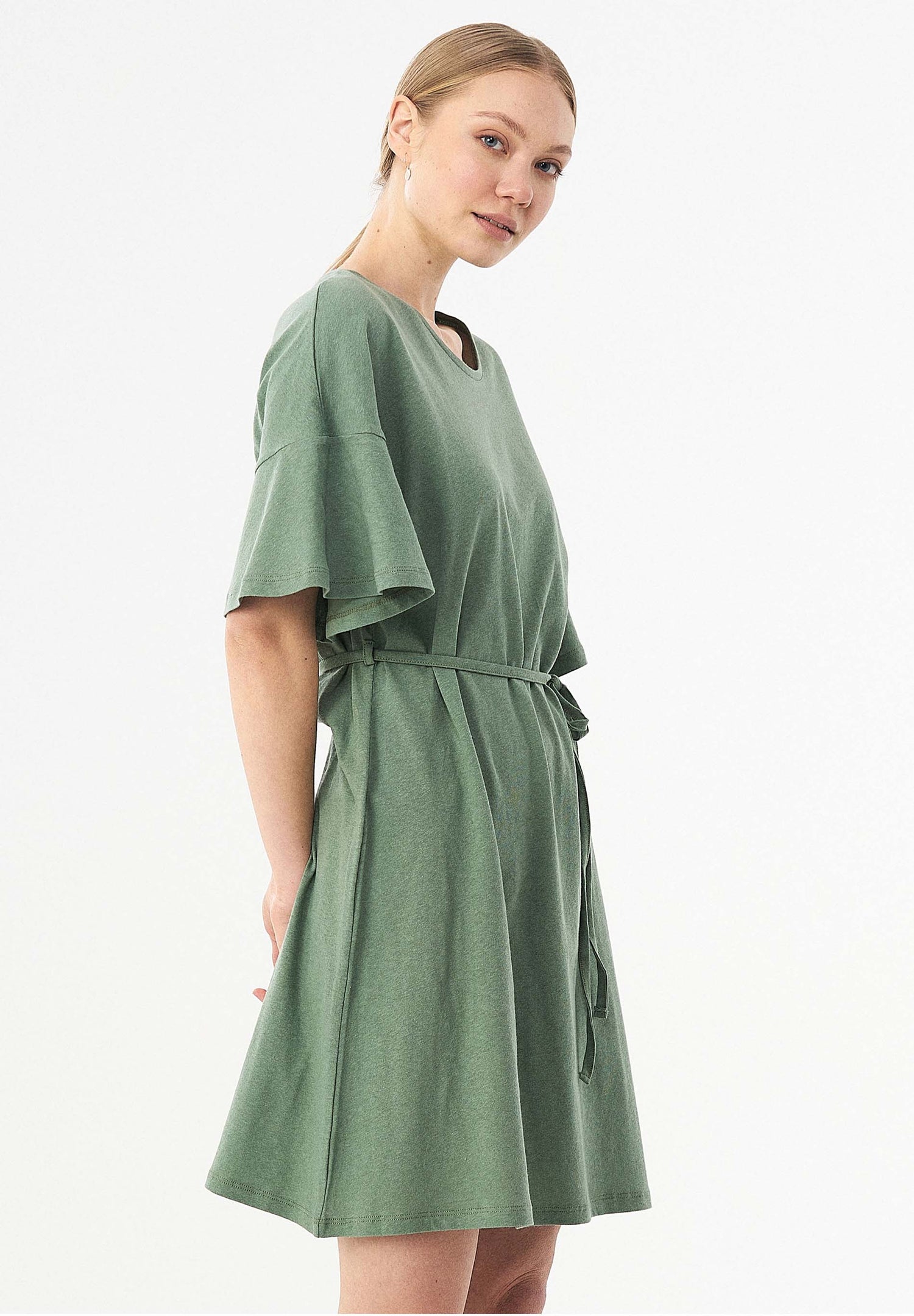 Met ceintuur Jersey Linnenmix Jurk Fern Green