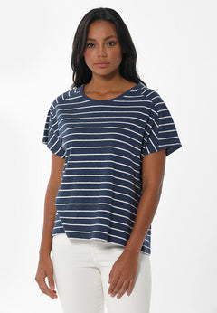 Gestreept Linnenmix T-shirt Marineblauw / Gebroken wit