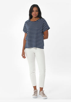 Gestreept Linnenmix T-shirt Marineblauw / Gebroken wit