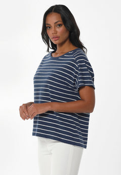 Gestreept Linnenmix T-shirt Marineblauw / Gebroken wit