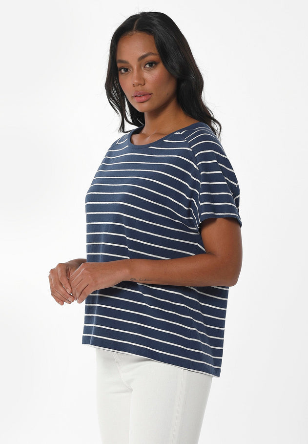 Gestreept Linnenmix T-shirt Marineblauw / Gebroken wit