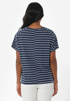 Gestreept Linnenmix T-shirt Marineblauw / Gebroken wit
