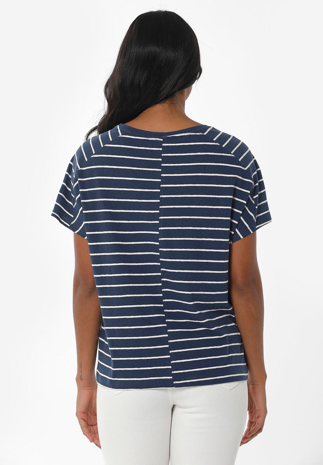 Gestreept Linnenmix T-shirt Marineblauw / Gebroken wit