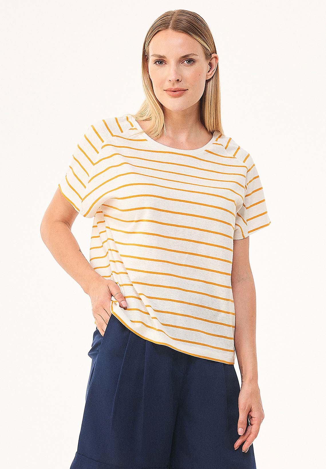 Gestreept Linnenmix T-shirt Gebroken wit / Mango