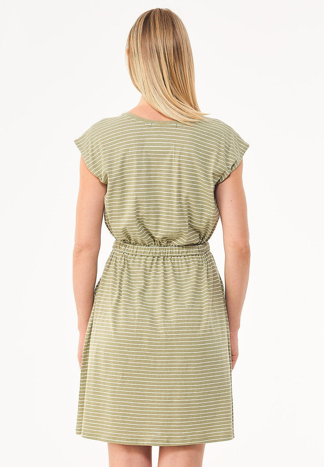 Gestreept Jersey Linnenmix Jurk Olijf / Gebroken wit
