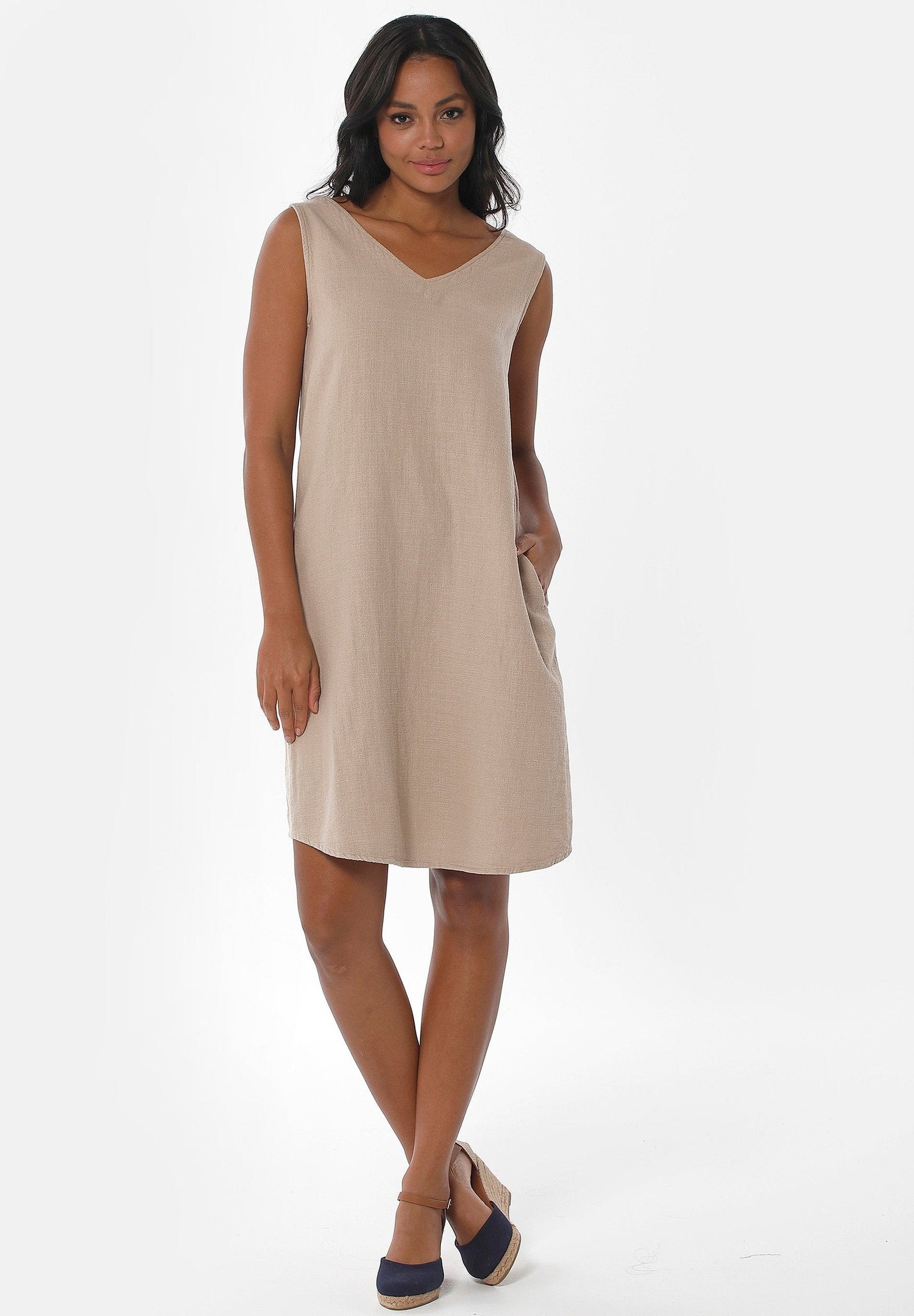 Mouwloos V-hals Linnenmix Jurk Beige