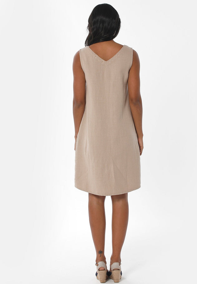 Mouwloos V-hals Linnenmix Jurk Beige