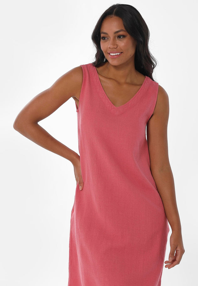 Mouwloos V-hals Linnenmix Jurk Desert Rose