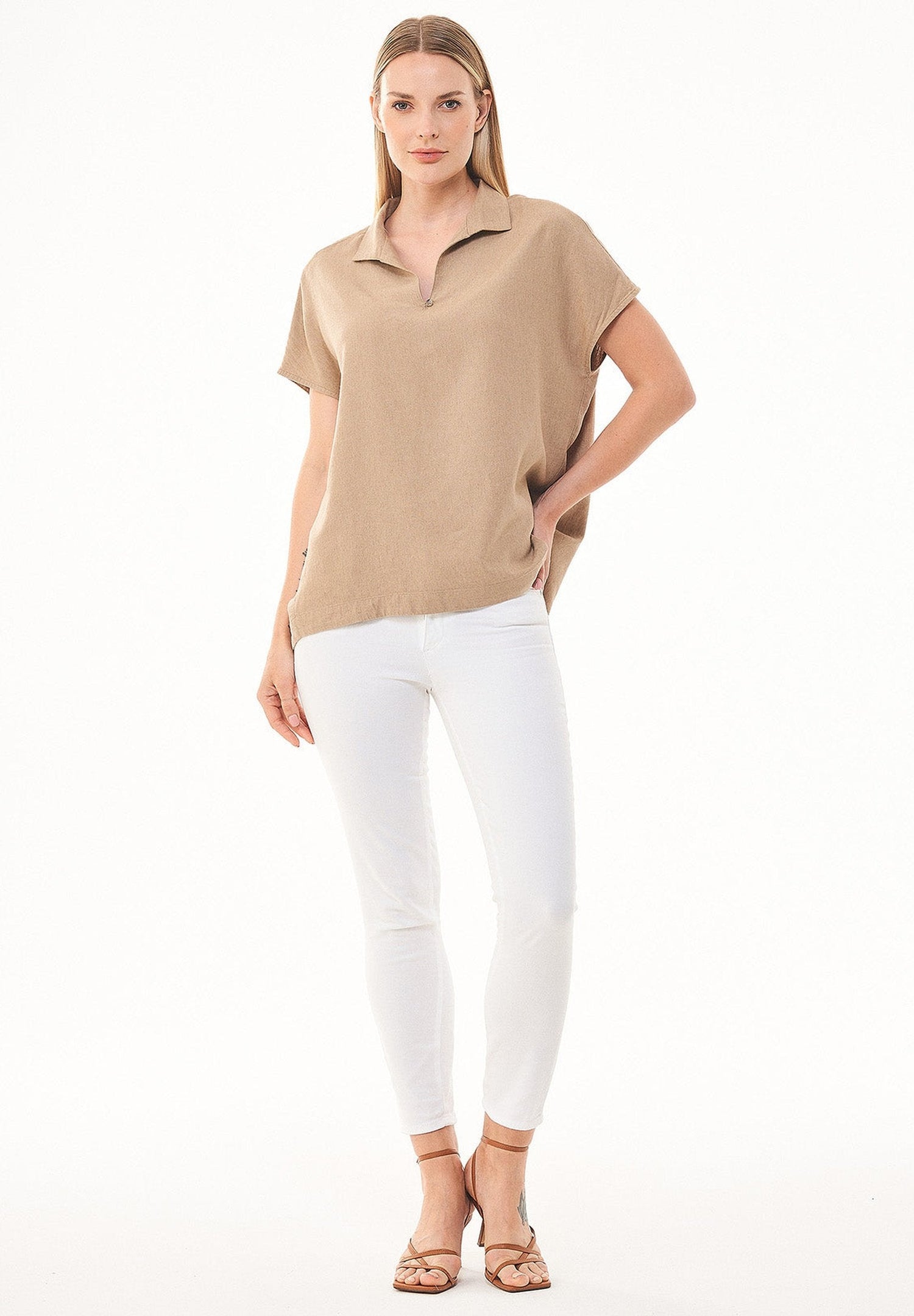 Casual Short Sleeved Linen Blend Blouse Beige