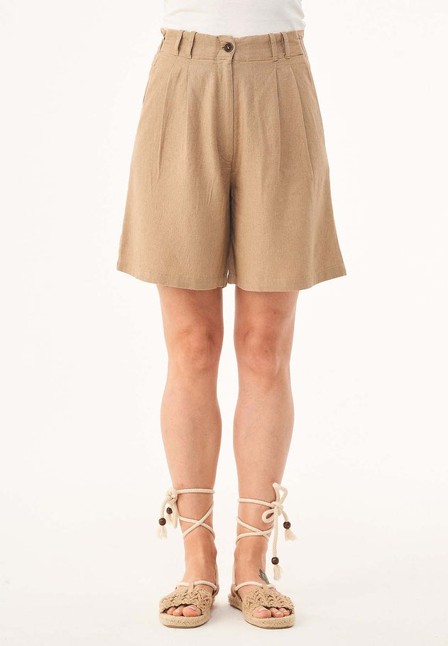Dames Geplooid Linnenmix Short Beige