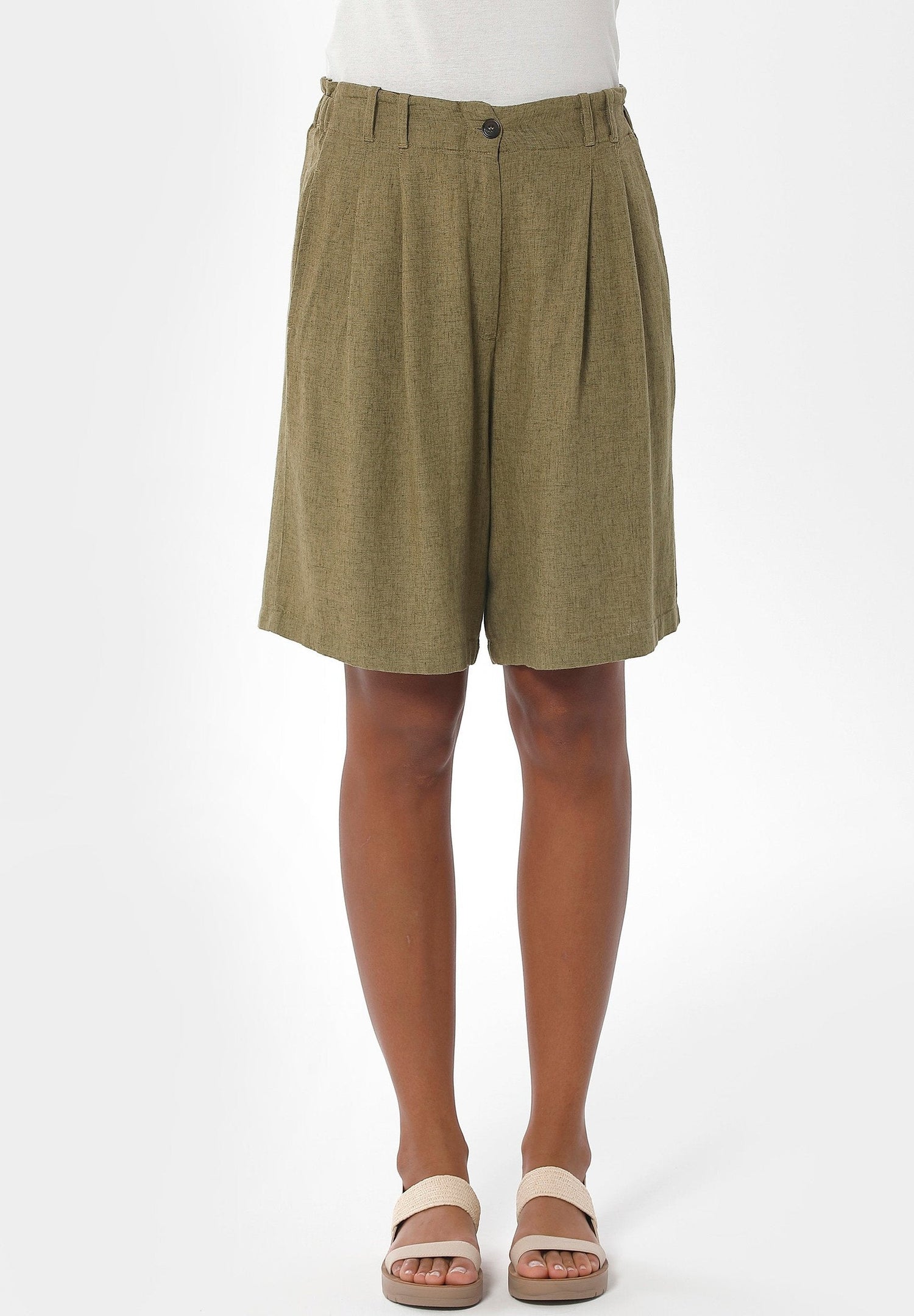 Dames Geplooid Linnenmix Short Olijf