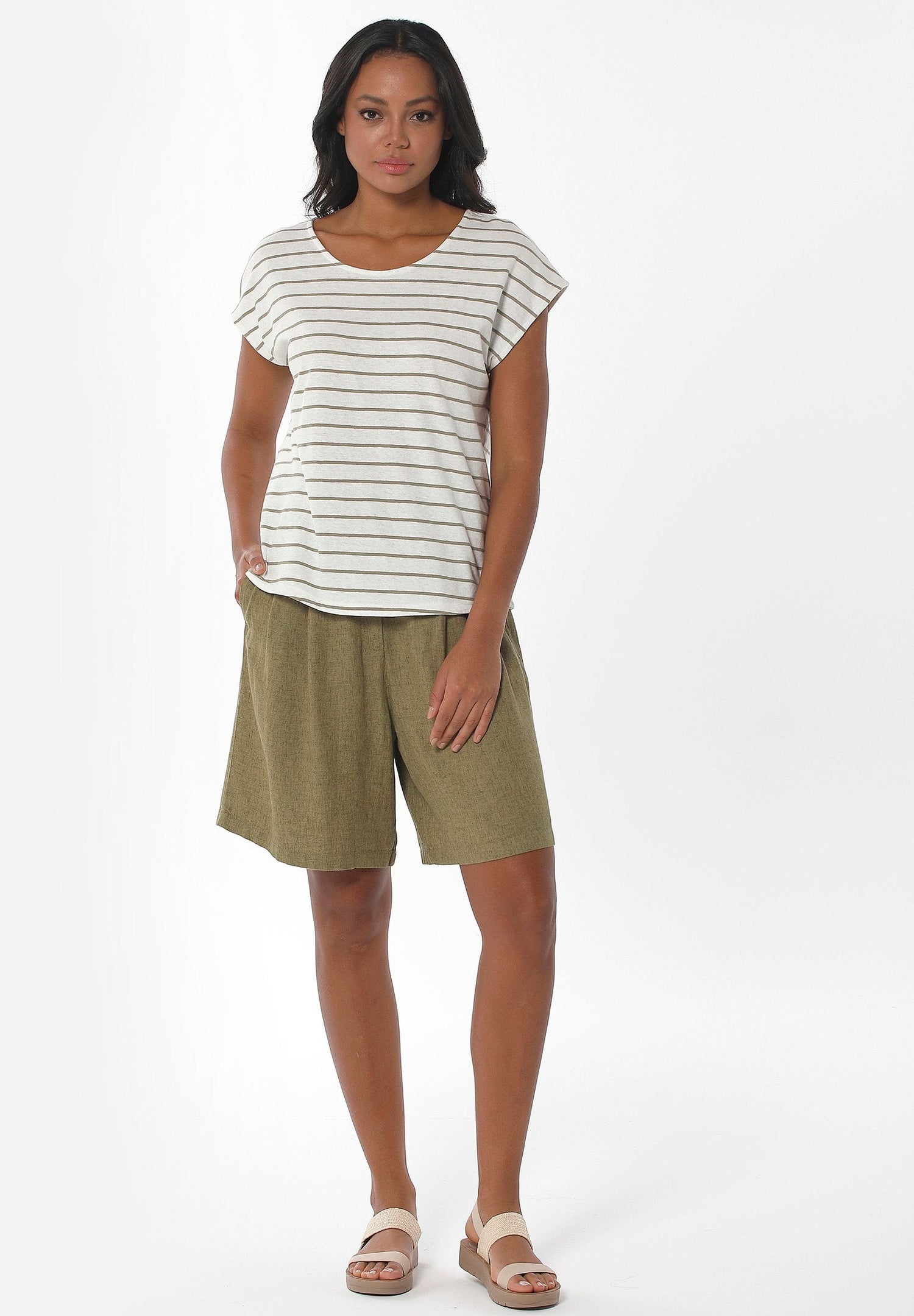 Dames Geplooid Linnenmix Short Olijf