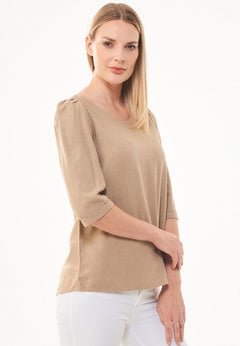 Linen Blend Puff Sleeve Blouse Beige
