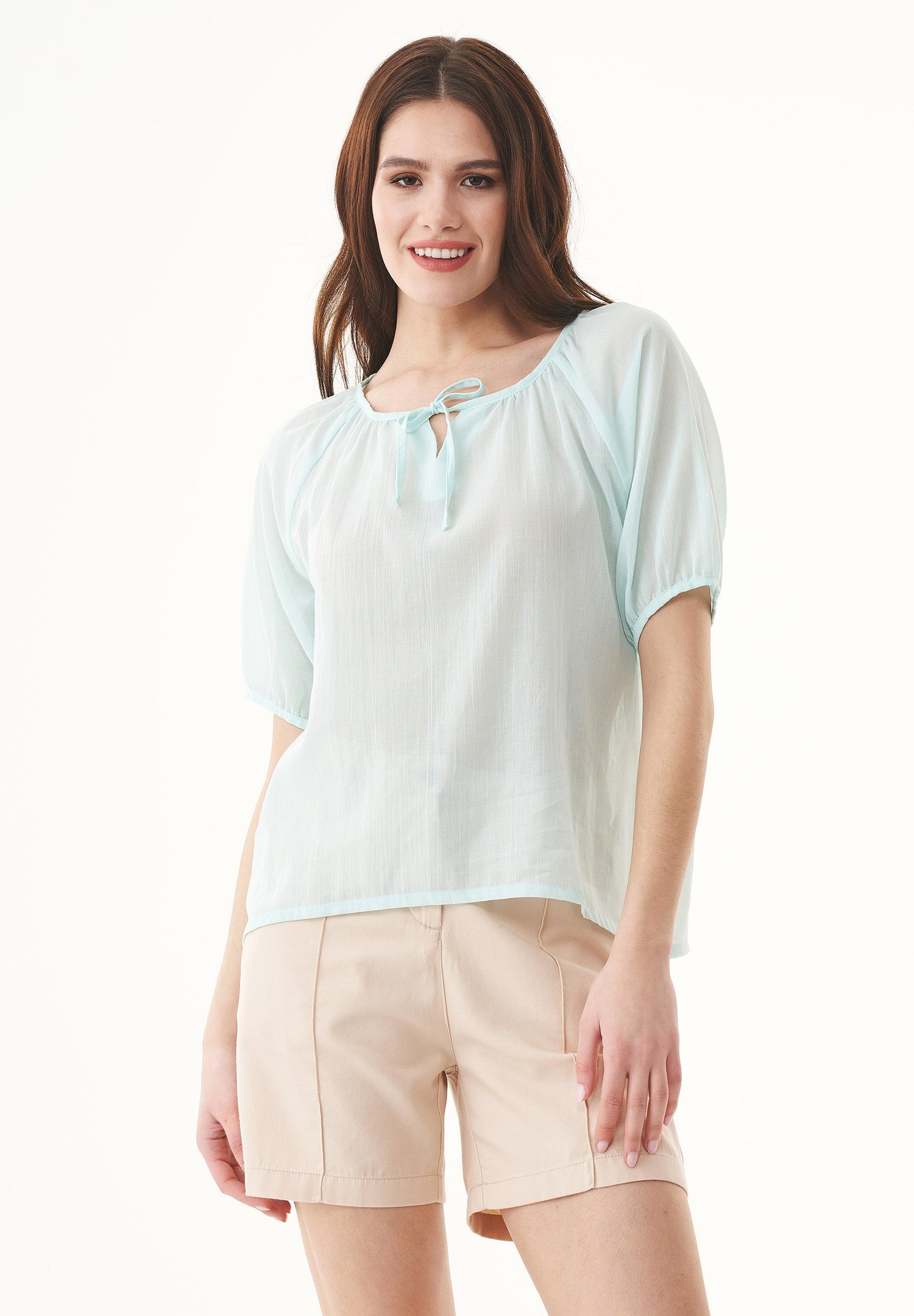 Short Sleeved Organic Cotton Voile Blouse Pale Blue