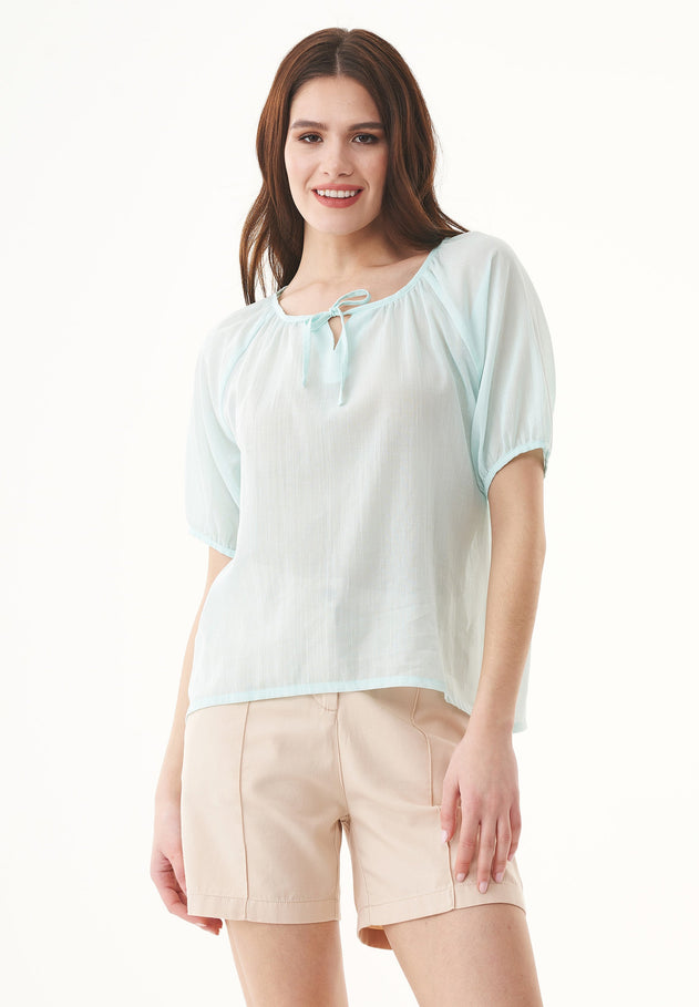 Short Sleeved Organic Cotton Voile Blouse Pale Blue