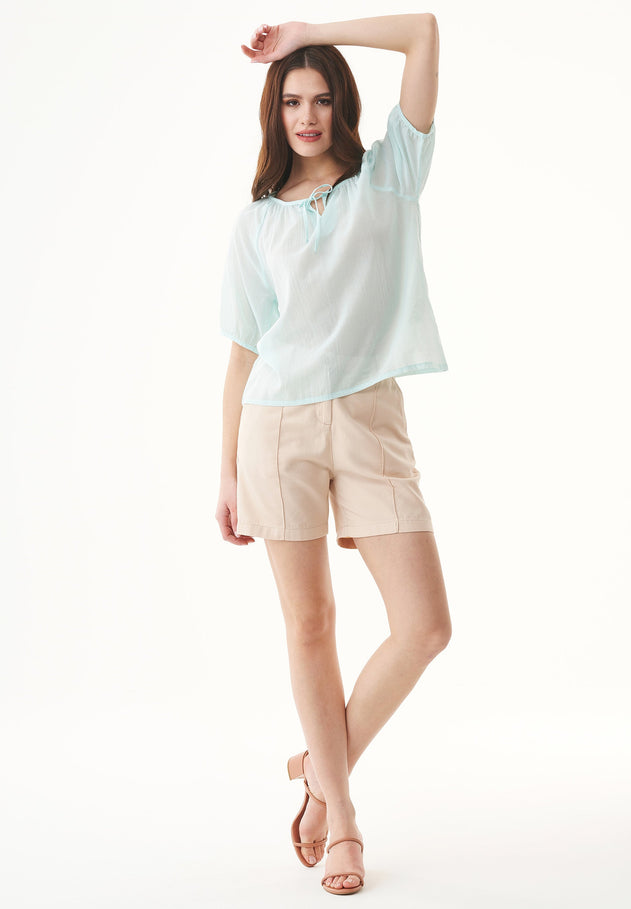 Short Sleeved Organic Cotton Voile Blouse Pale Blue