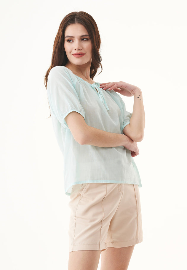 Short Sleeved Organic Cotton Voile Blouse Pale Blue