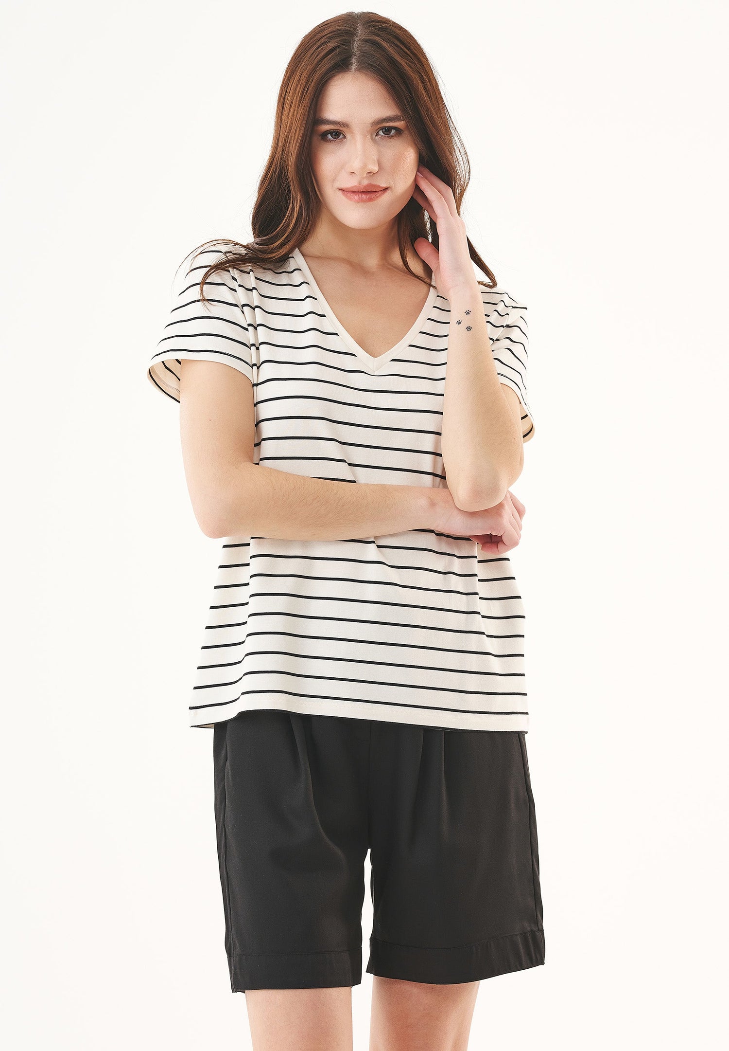 Dames Modalmix Gestreept T-shirt Gebroken wit / Zwart