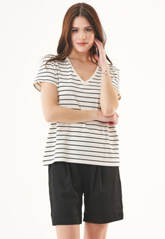 Dames Modalmix Gestreept T-shirt Gebroken wit / Zwart
