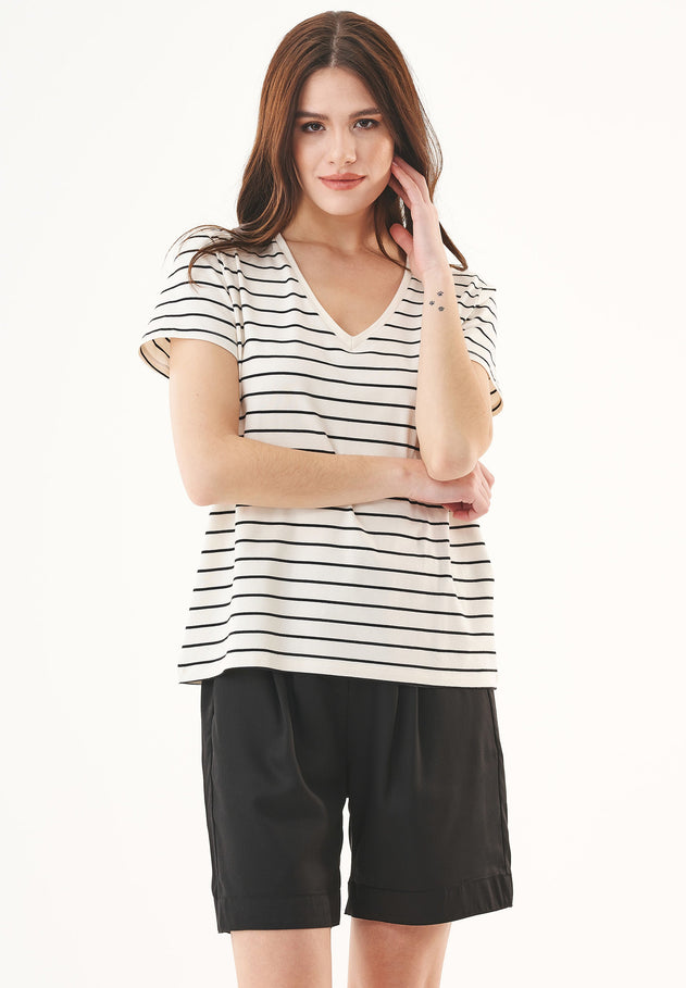 Dames Modalmix Gestreept T-shirt Gebroken wit / Zwart