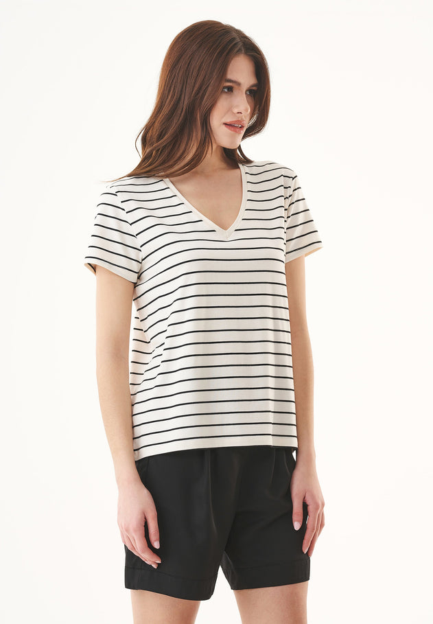 Dames Modalmix Gestreept T-shirt Gebroken wit / Zwart