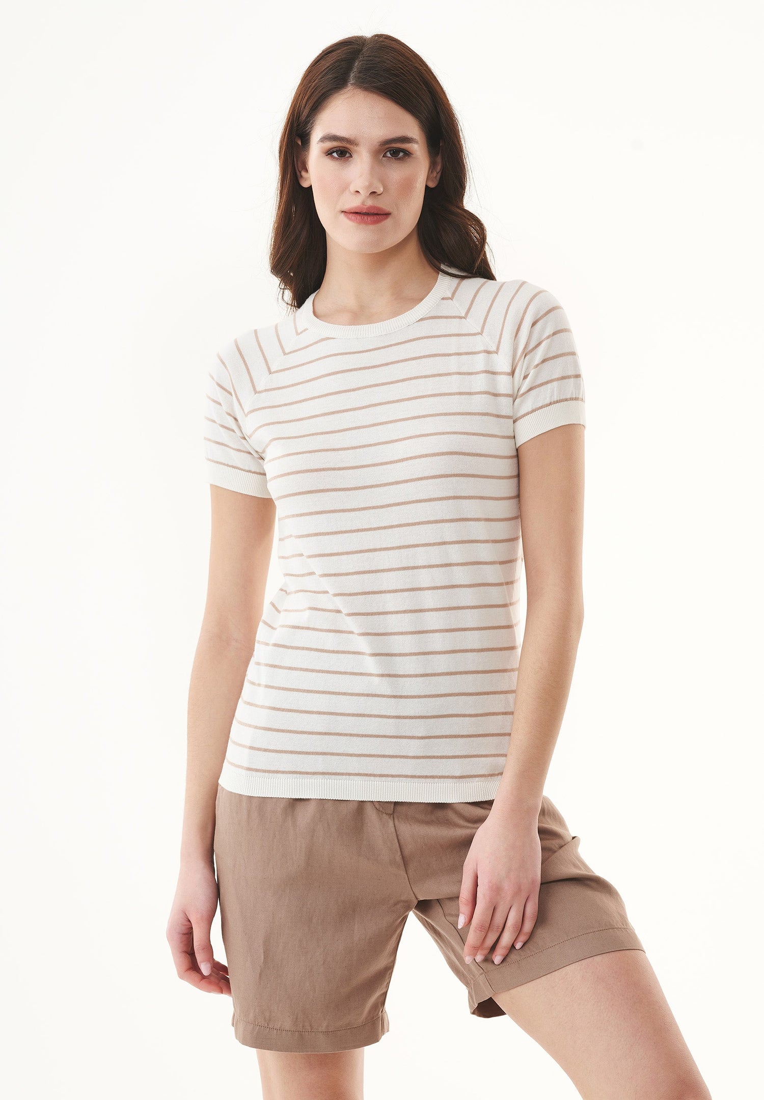 Dames Fine-Knit Gestreept T-shirt Gebroken wit / Beige