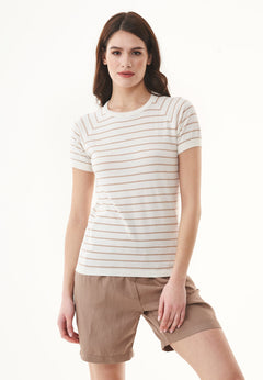 Dames Fine-Knit Gestreept T-shirt Gebroken wit / Beige